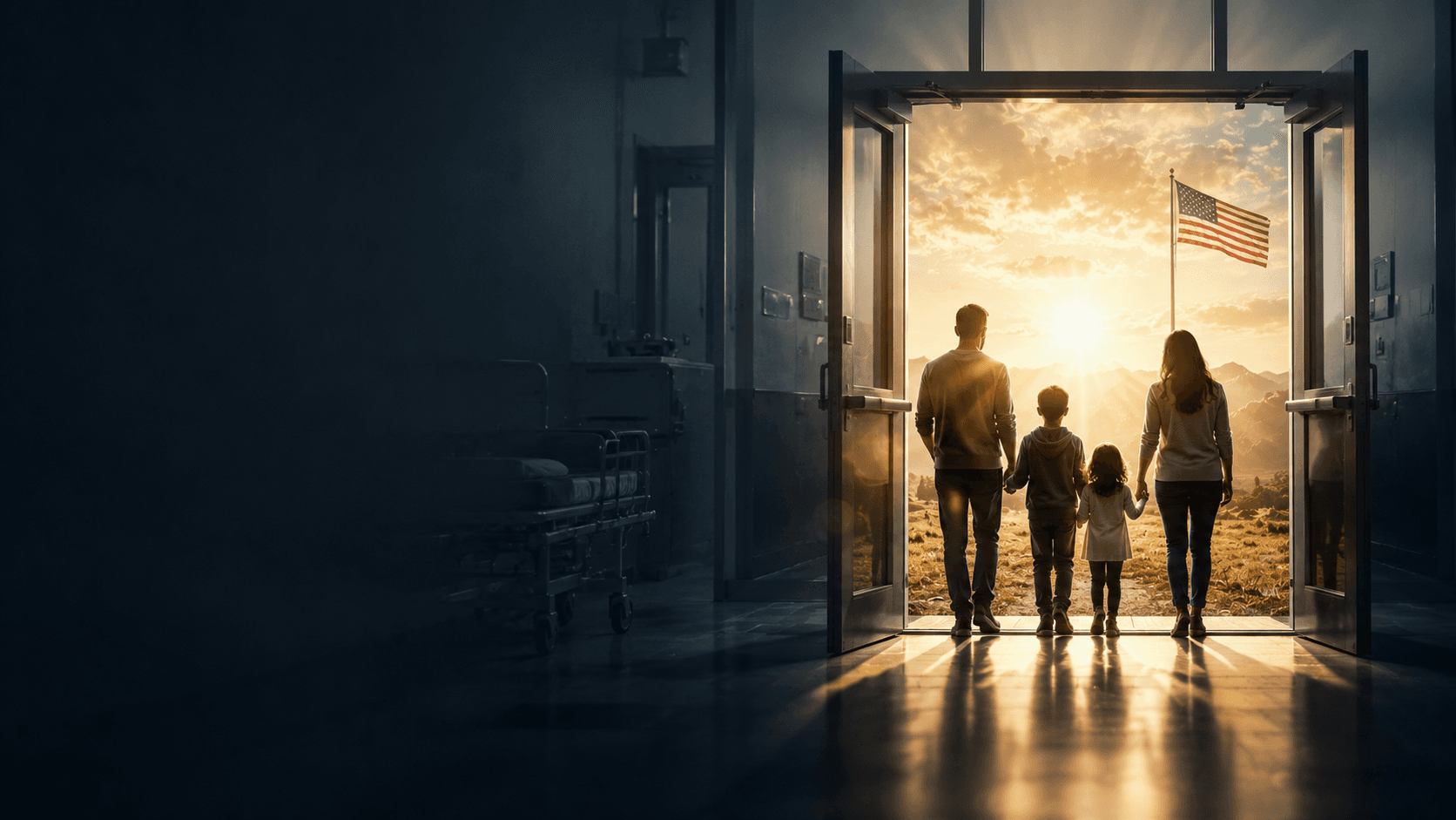 A family walking out of a hospital toward a sunrise and an American flag